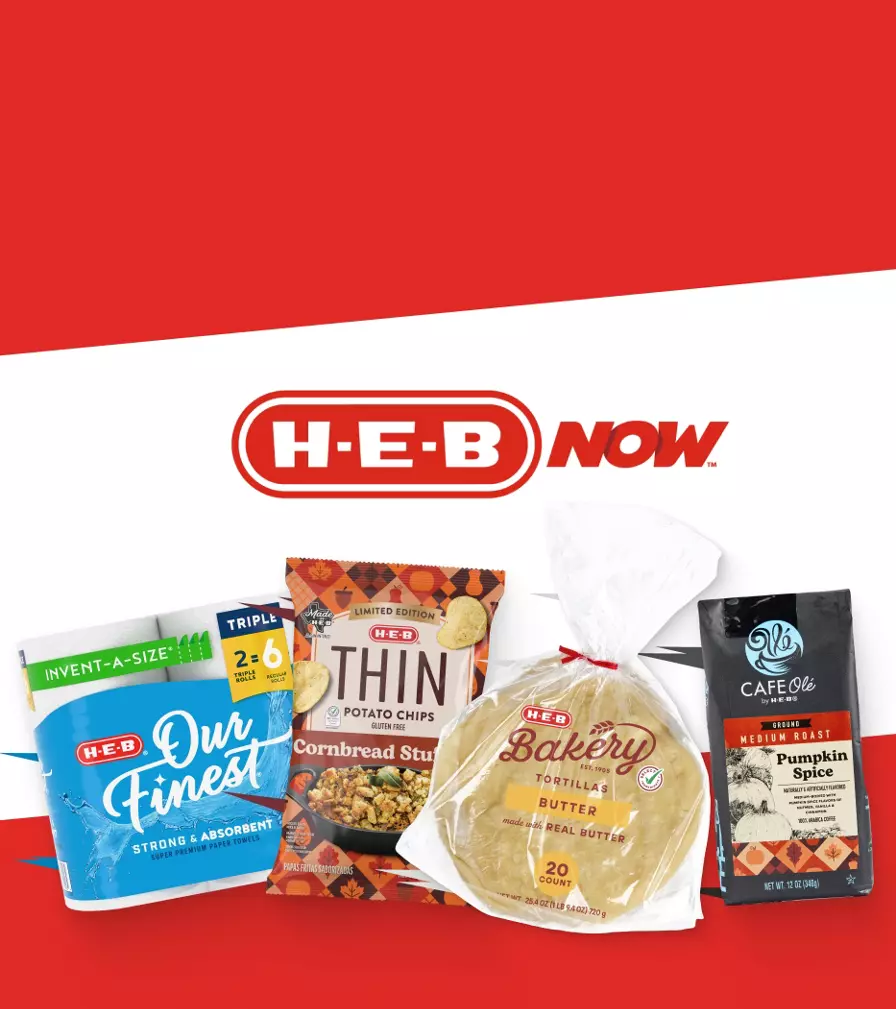 H‑E‑B Now banner promoting 1-hour delivery, featuring H‑E‑B Our Finest shredded cheese, H‑E‑B Thin Cornbread Stuffing chips, H‑E‑B Bakery tortillas, and Café Olé Pumpkin Spice coffee. Text reads: “Delivery in 1 hour with H‑E‑B Now.”