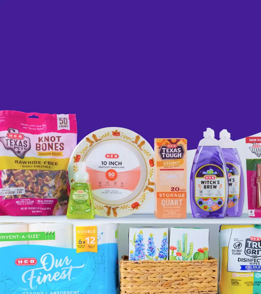 Banner featuring everyday essentials including dog treats, paper plates, hand soap, storage bags, tissues, baby wipes, and household supplies. Text reads “Low prices on essentials” with the subheading “Laundry, pet, and baby.”