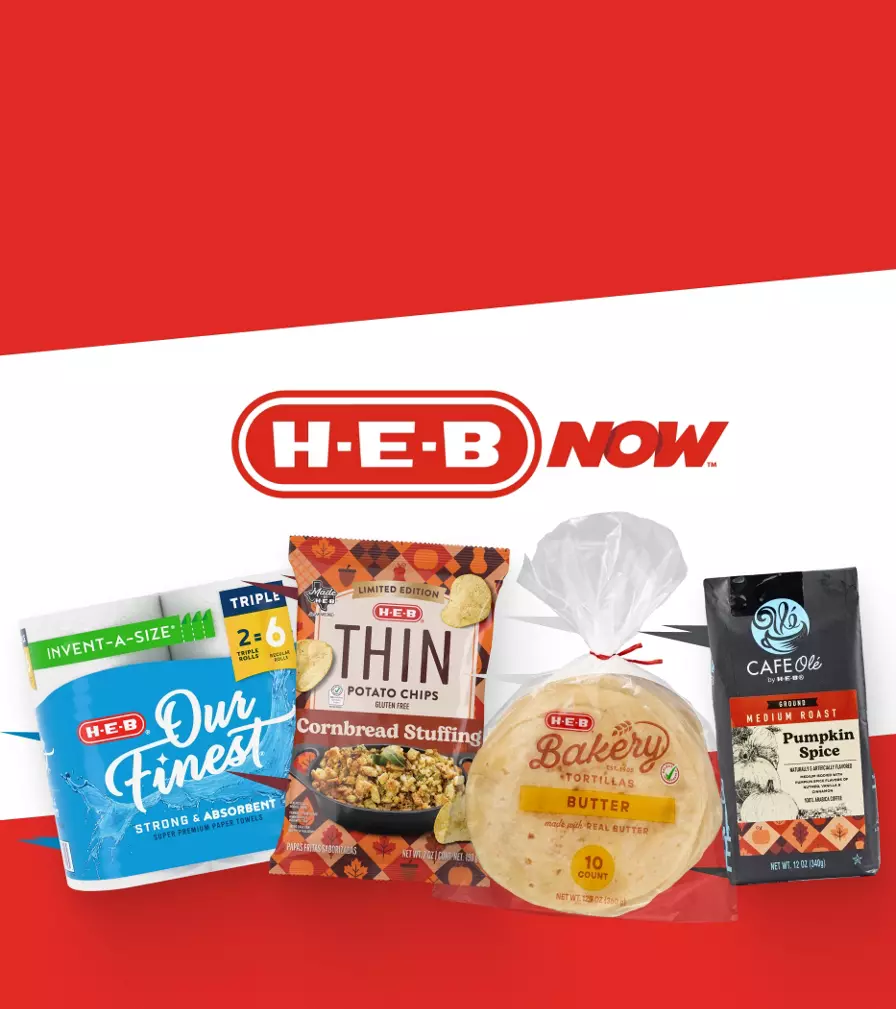 H‑E‑B Now banner promoting 1-hour delivery, featuring H‑E‑B Our Finest shredded cheese, H‑E‑B Thin Cornbread Stuffing chips, H‑E‑B Bakery tortillas, and Café Olé Pumpkin Spice coffee. Text reads: “Delivery in 1 hour with H‑E‑B Now.”