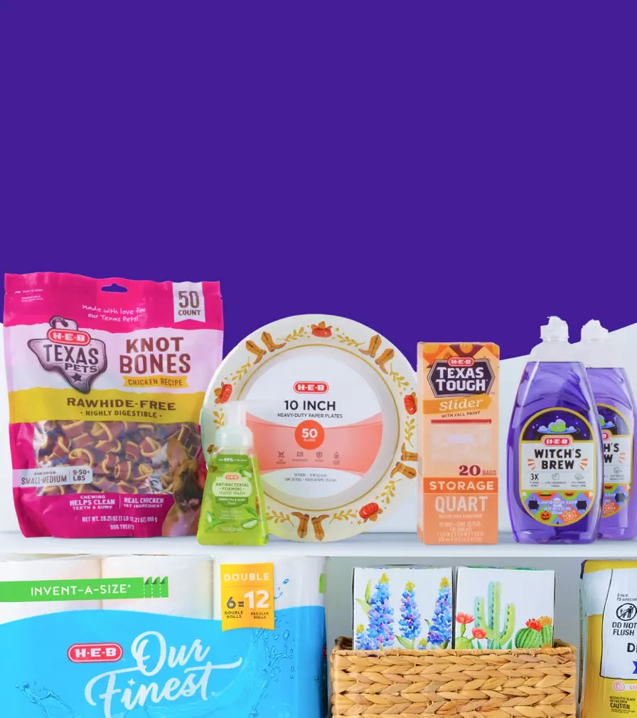 Banner featuring everyday essentials including dog treats, paper plates, hand soap, storage bags, tissues, baby wipes, and household supplies. Text reads “Low prices on essentials” with the subheading “Laundry, pet, and baby.”