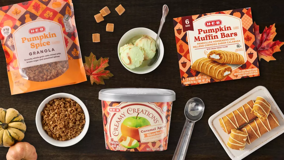 Fall assortment featuring H‑E‑B Pumpkin Spice Granola, Pumpkin Muffin Bars, and Creamy Creations Caramel Apple Sherbet with seasonal décor and treats.
