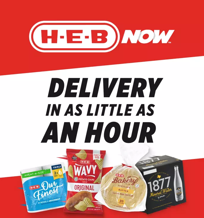 H‑E‑B Now logo with “DELIVERY IN AS LITTLE AS AN HOUR” text. Three product images are shown: H‑E‑B Our Finest paper towels, H‑E‑B Wavy Potato Chips, and H‑E‑B Bakery Tortillas with a label indicating real butter.