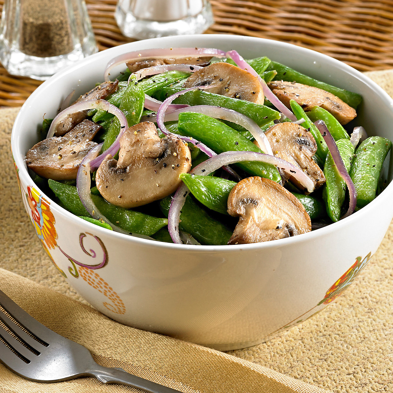 Sugar snap peas with onion mushrooms recipe from h e b