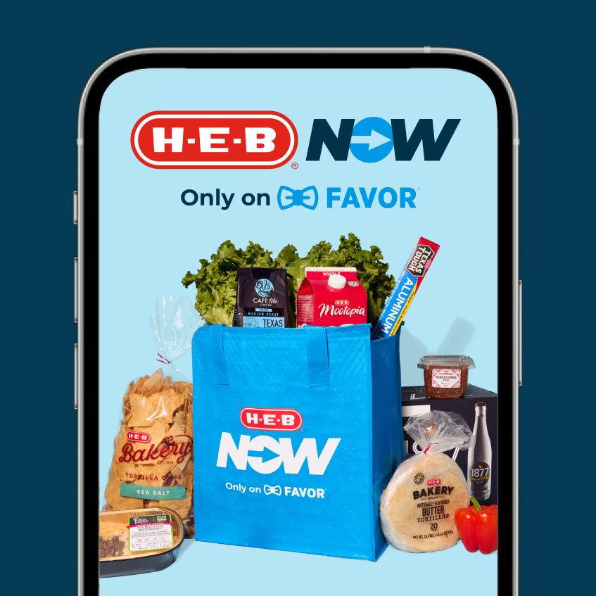H‑E‑B Now powered by Favor app displayed on a smartphone screen, showcasing a blue grocery bag filled with fresh produce, snacks, and beverages.