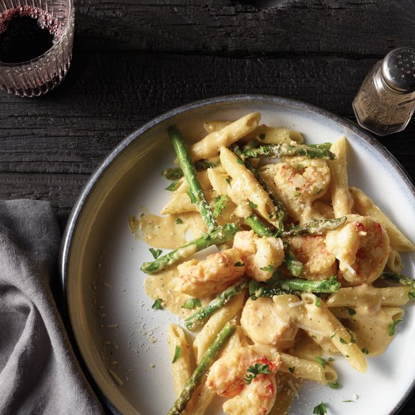 Adobo Shrimp and Asparagus Alfredo with Penne