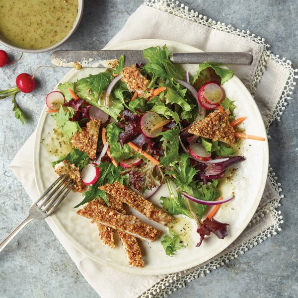 Almond Crusted Pork Salad with Caper Mint Dressing