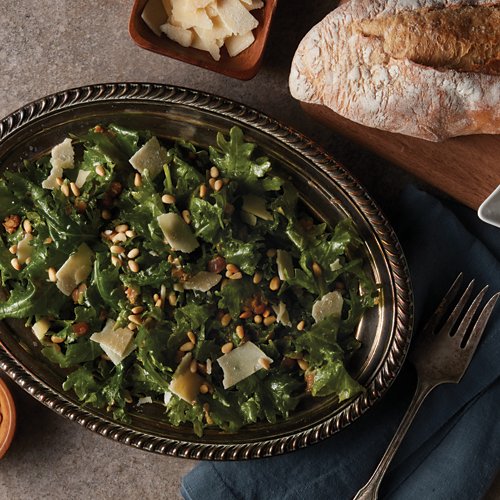 Baby Kale Salad with Pinon, Parm and Warm Lemon Vinaigrette