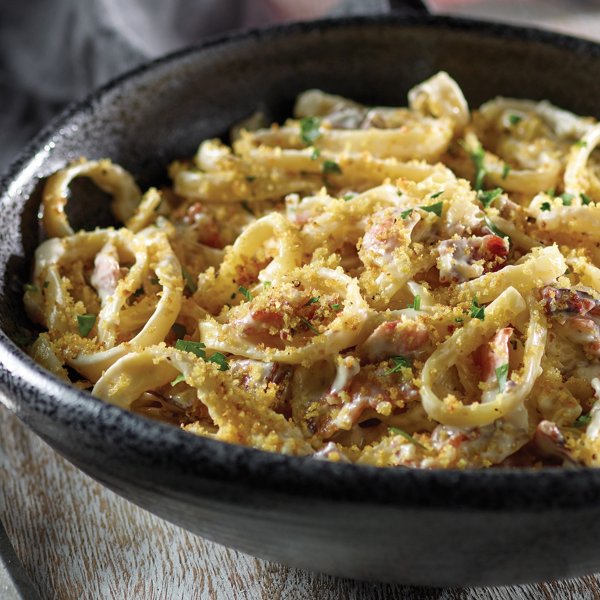 Bacon Fettuccini with Lemon Pepper Crumbs