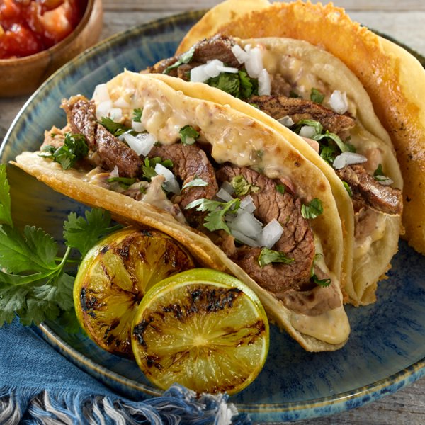 Brisket Queso & Black Bean Costra Tacos