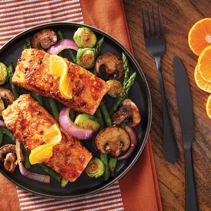 Cedar Plank Salmon & Brussels and Asparagus Stir Fry Recipe from HEB