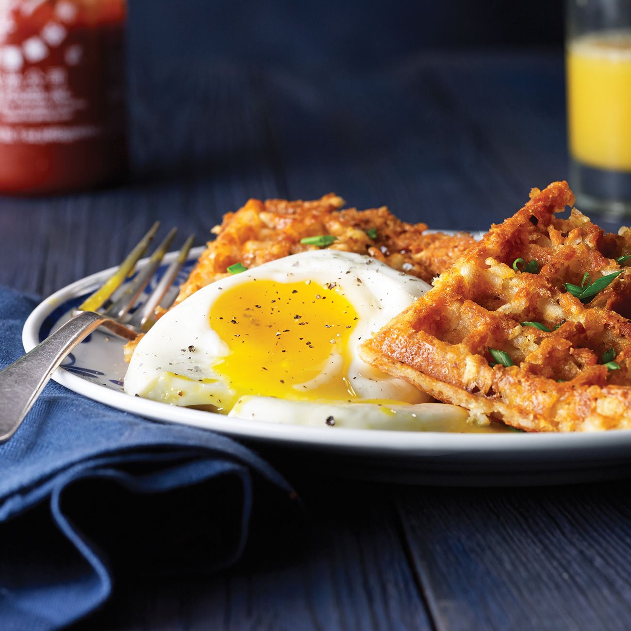 Cheddar and Chive Hash Brown Waffles with Fried Eggs-image