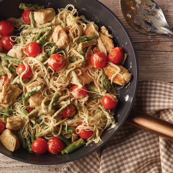 Creamy Parmesan Chicken with Asparagus and Tomatoes