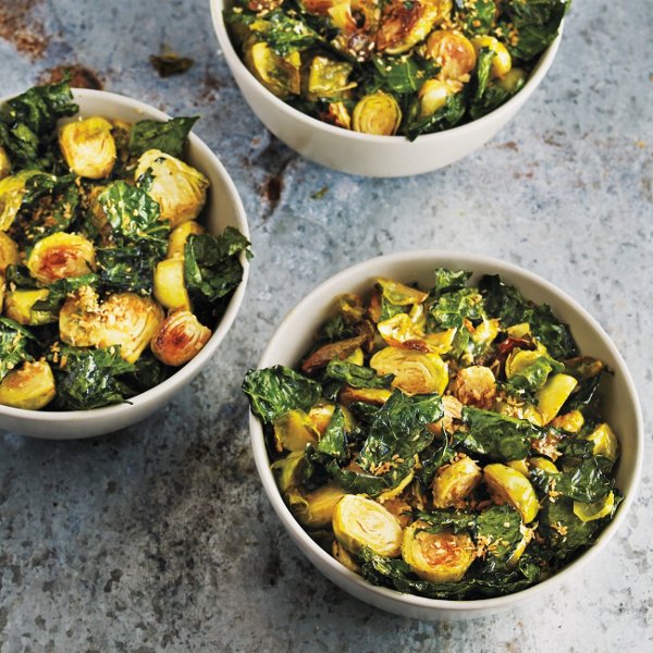 Crispy Roasted Kale and Brussels Sprout Salad