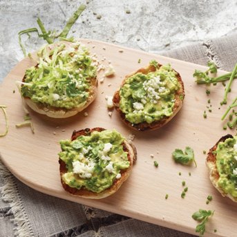 English Muffin Tostadas with Avocado Chive Spread