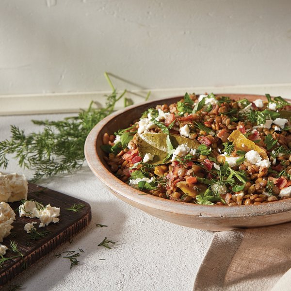 Greek Style Braised Lentils with Bacon & Feta