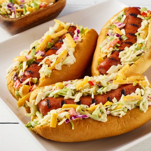 Grilled Sausage With Pickle Cheese Slaw