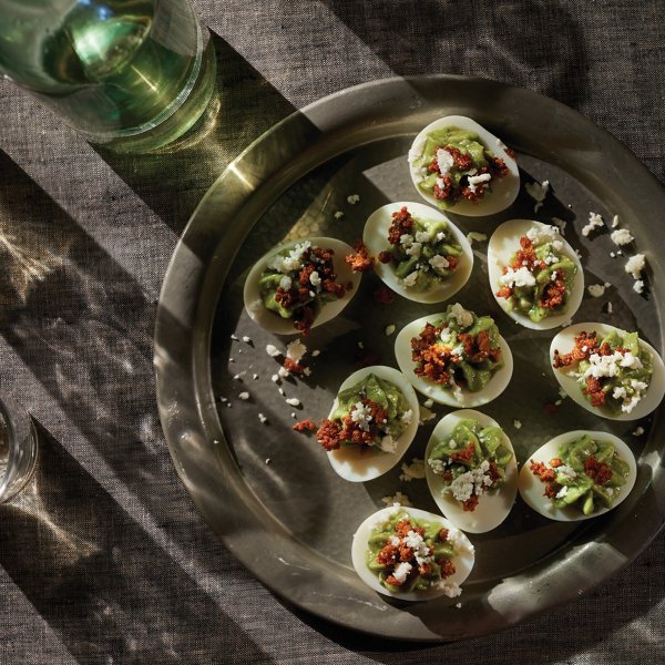 Guacamole Deviled Eggs with Crispy Chorizo