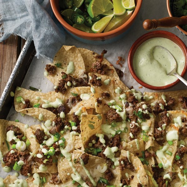 Lamb Nachos with Feta Serrano Crema