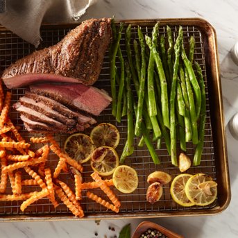 One-Pan Tri-Tip Beef with Sweet Potato Fries & Asparagus