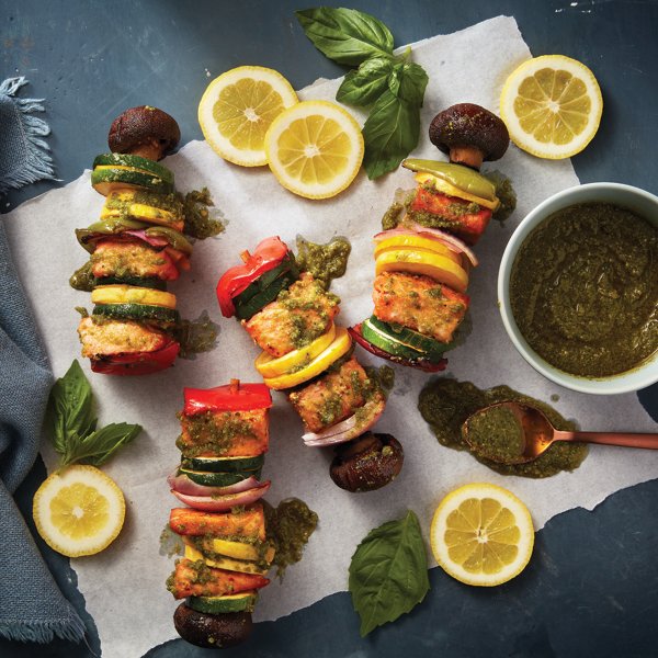 Pesto Salmon Vegetable Skewers