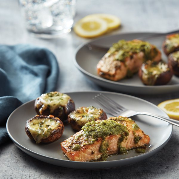 Pesto Salmon with Stuffed Mushrooms