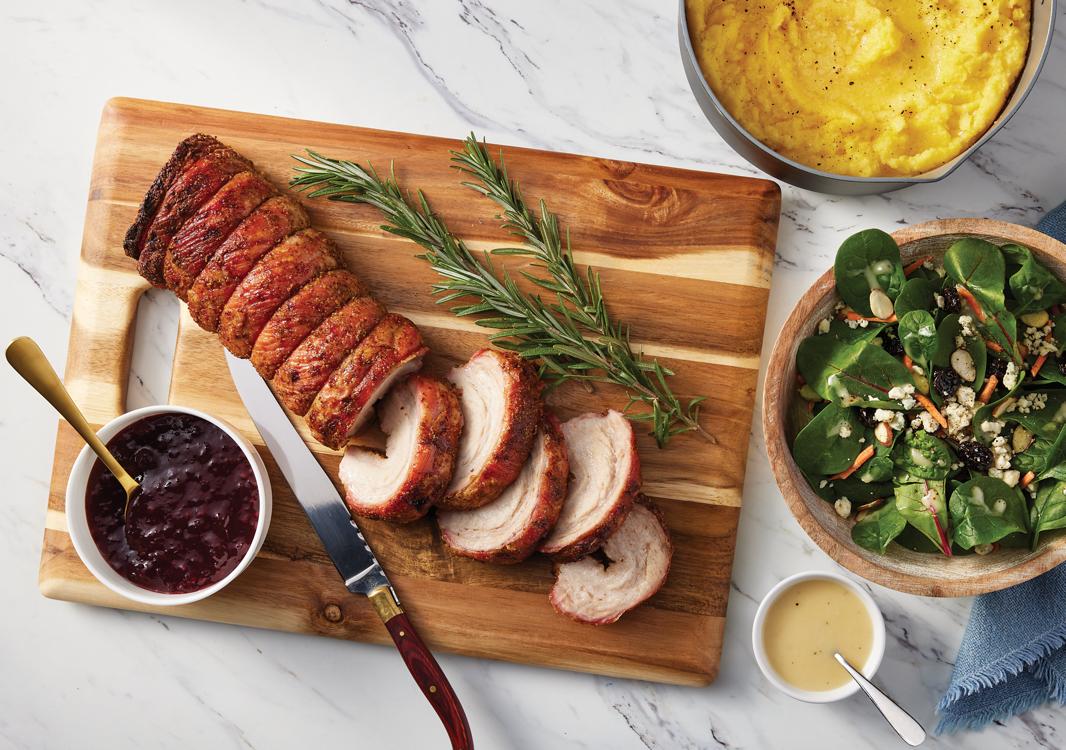 Porchetta with Polenta and Almond Cherry Salad