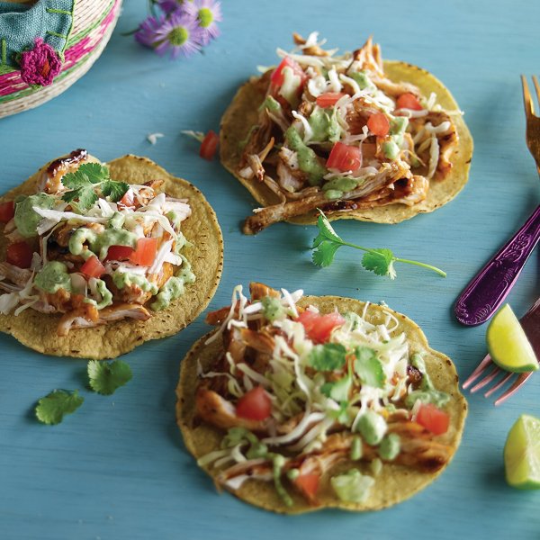 Pulled BBQ Chicken Tostadas with Roasted Poblano Crema