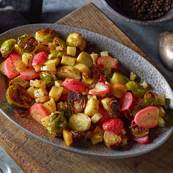 Roasted Brussels Sprouts, Apples, Celeriac and Radishes