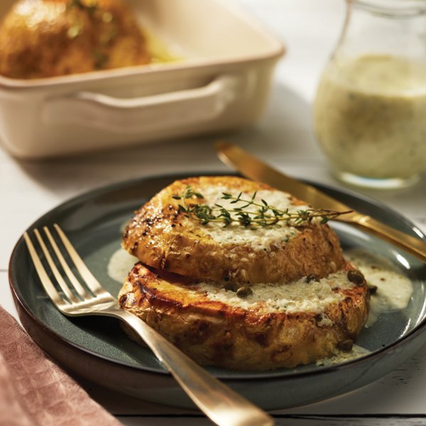 Roasted Celeriac Steaks with Shallot Caper Cream Sauce