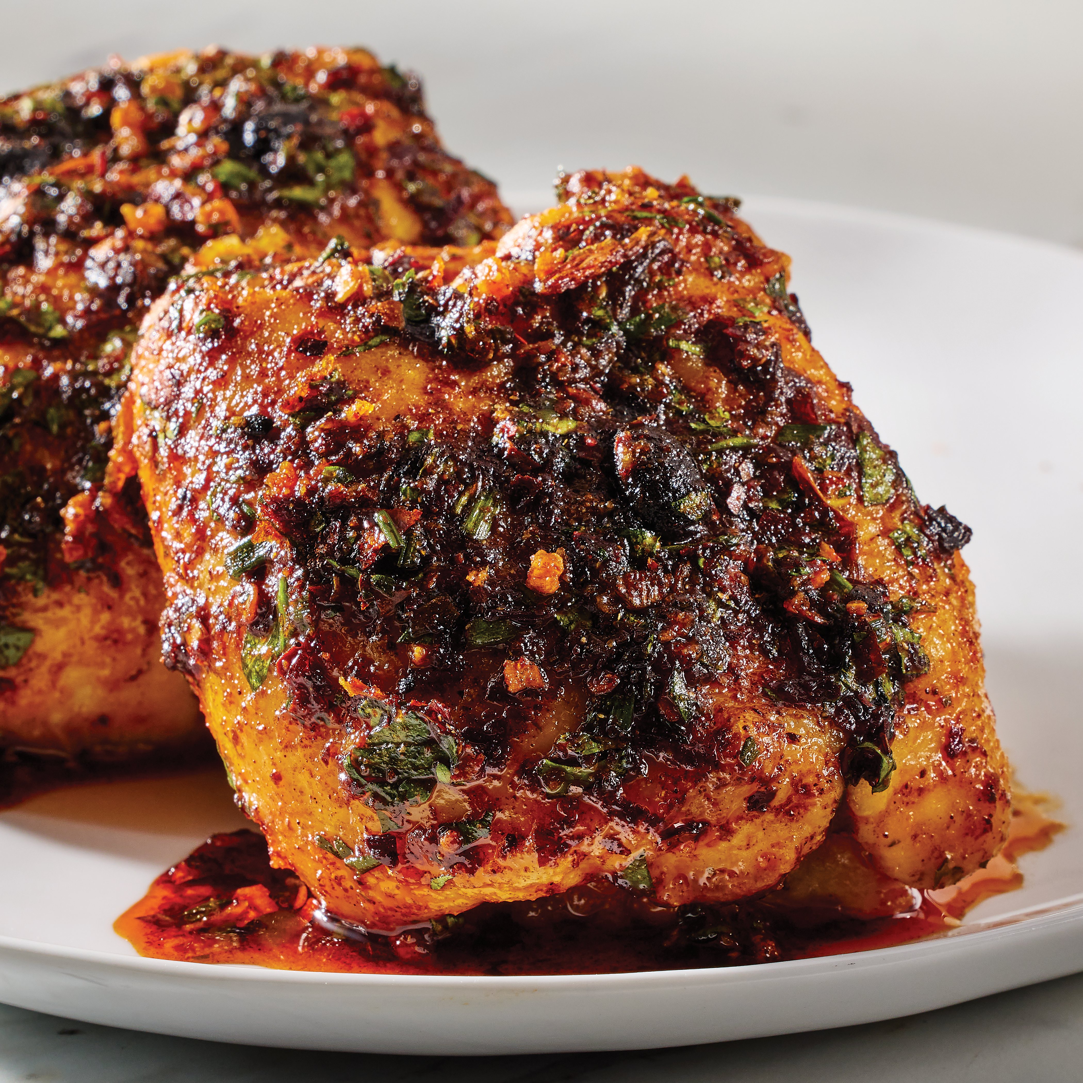 Roasted Chicken Thighs with Herb Chili Crisp