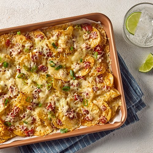 Roasted Poblano Sheetpan Nachos with Manchego and Chorizo