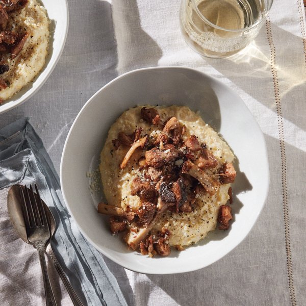 Roasted Trumpet and Lions Mane Mushrooms over Polenta