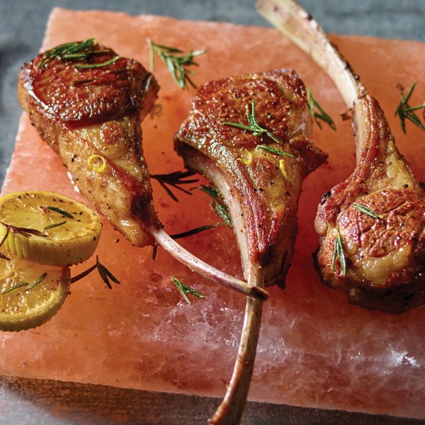 Salt Block Seared Lamb Chops with Rosemary and Lemon