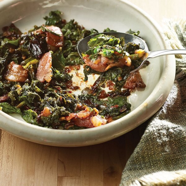 Sautéed Mustard Greens with Bacon & Honey Pecan Dressing