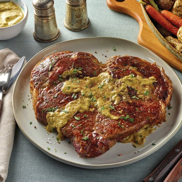 Seared Heart Shaped Ribeye with Green Peppercorn Sauce