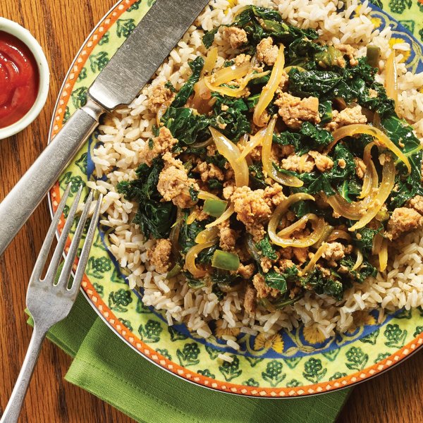 Spicy Ground Turkey and Kale Over Rice