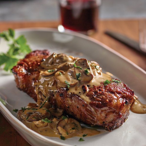 Steak Au Poivre with Sherry Mushroom Cream Sauce