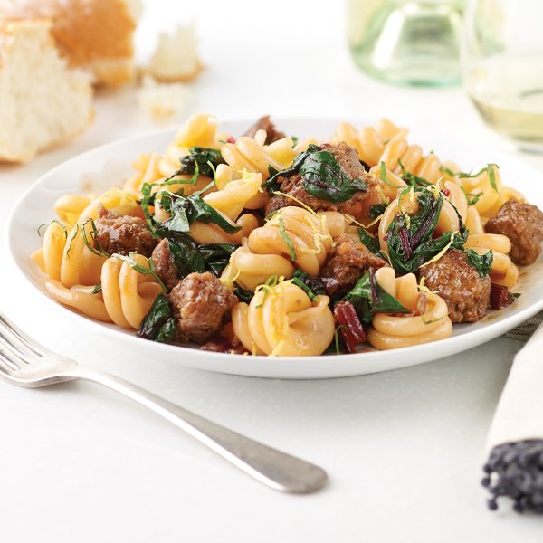 Vesuvio Pasta with Spicy Sausage and Swiss Chard