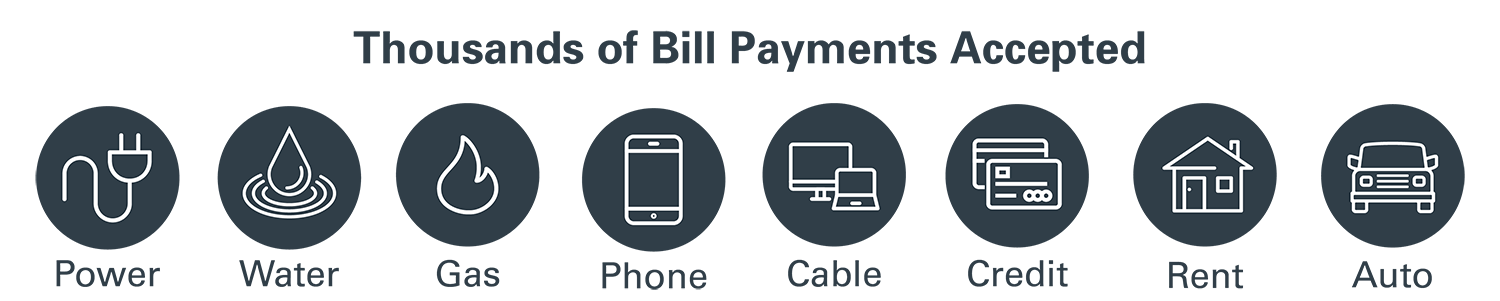 Thousands of bill payments accepted including power, water, gas, phone, cable, credit, rent and auto