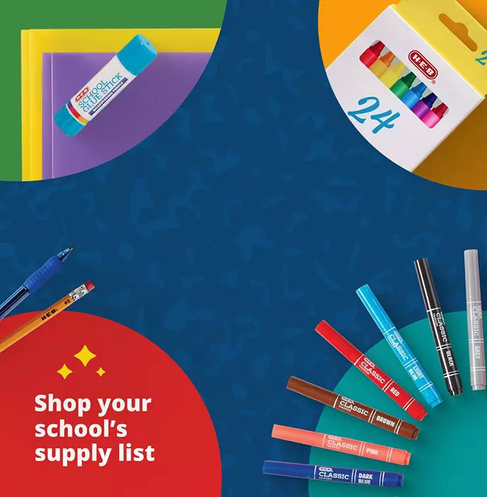 Assortment of H‑E‑B brand school supplies