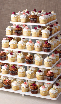 White Wedding Cake With Strawberry Cupcakes