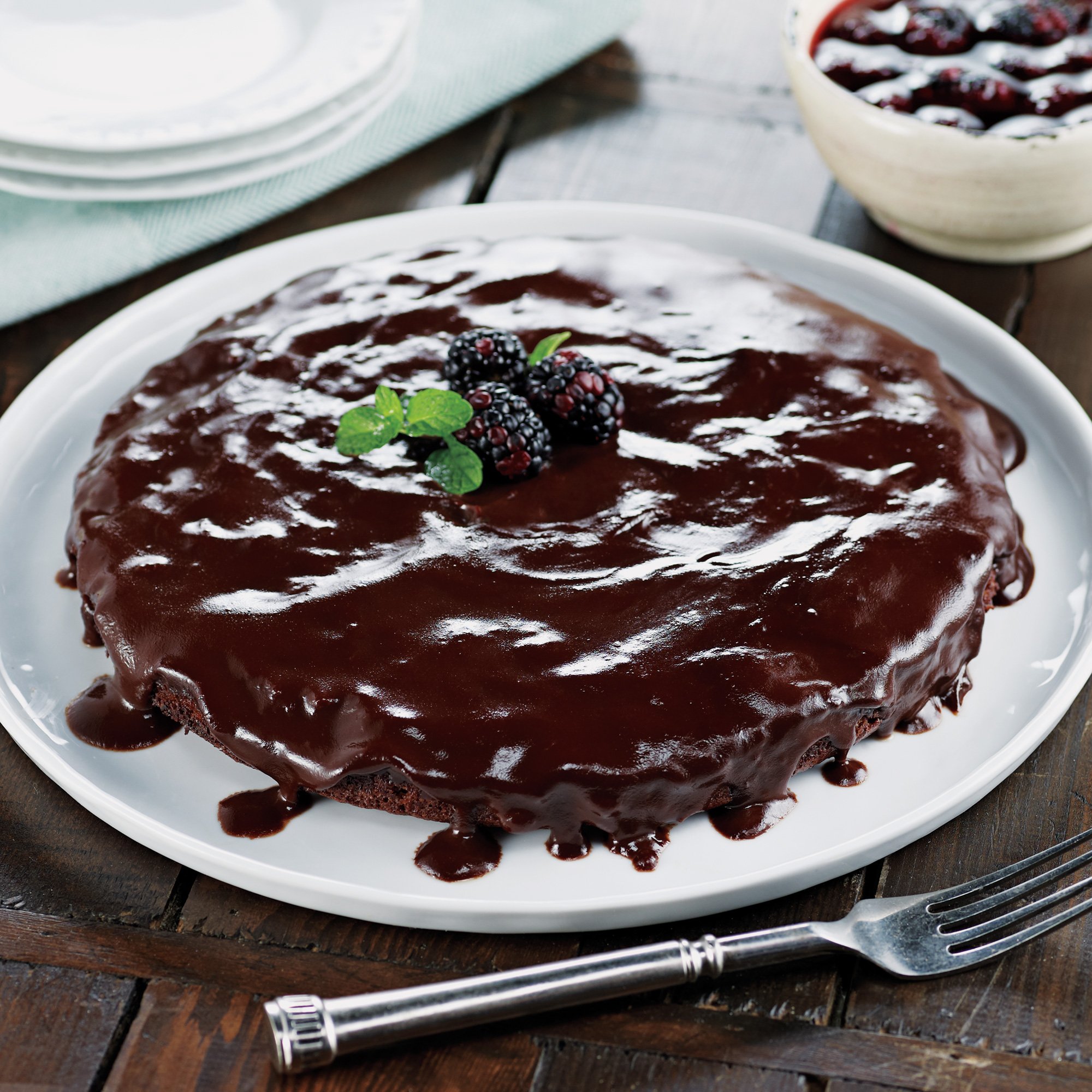 Hot Fudge Cake with Spirited Berries