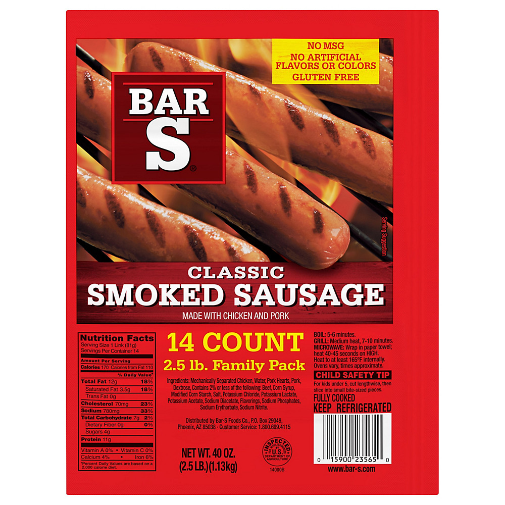 Calories in Bar S Classic Smoked Sausage, Family Pack , 14 ct