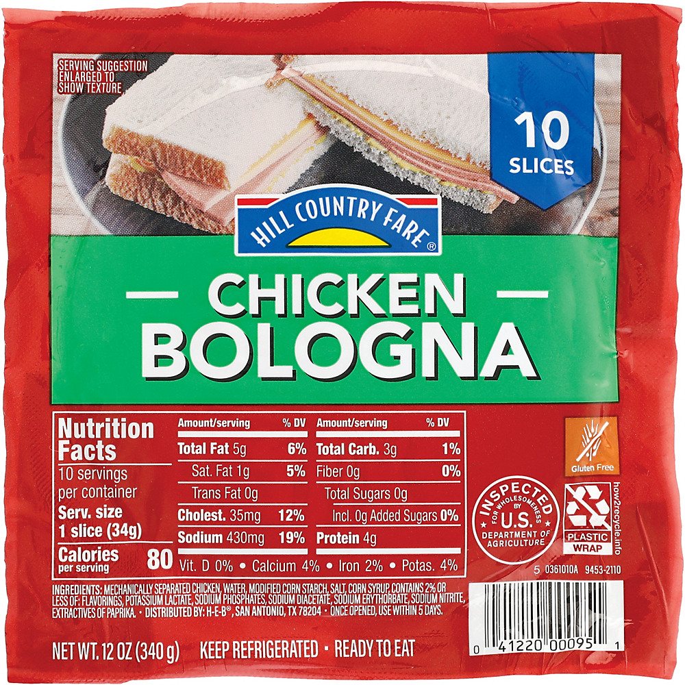 Calories in Hill Country Fare Chicken Sliced Bologna, 12 oz