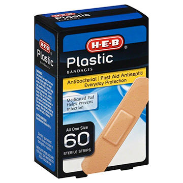 H-E-B Plastic Antibacterial Bandages - First Aid Antiseptic, 60 ct