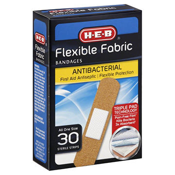 H-E-B Flexible Fabric Antibacterial Bandages - First Aid Antiseptic, 30 ct
