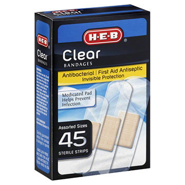 H-E-B Antibacterial Clear Bandages - First Aid Antiseptic - Assorted Sizes, 45 ct