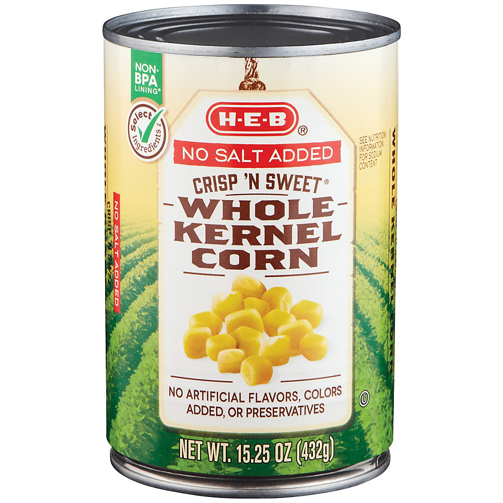 Calories in H-E-B Select Ingredients No Salt Added Crisp N' Sweet Whole Kernel Corn, 15.25 oz