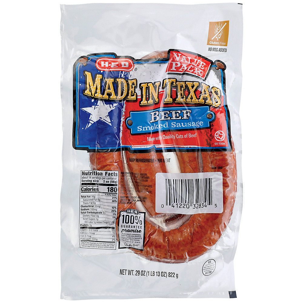 Calories in H-E-B Made In Texas Beef Smoked Sausage Value Pack, 29 oz