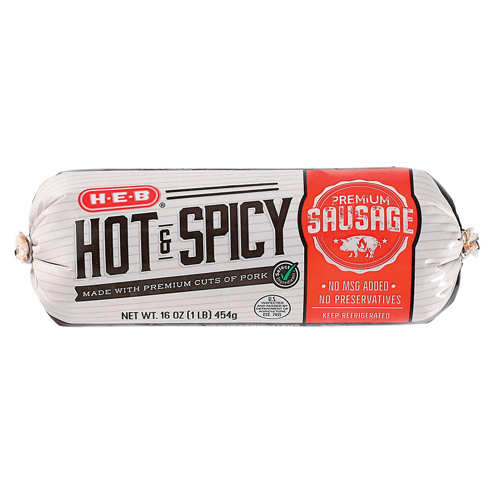 Calories in H-E-B Premium Pork Hot & Spicy Sausage, 16 oz